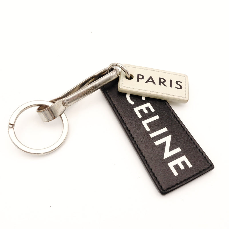 Céline Logo Key Holder Leather Black White Silver Hardware Key Charm 7-5-756