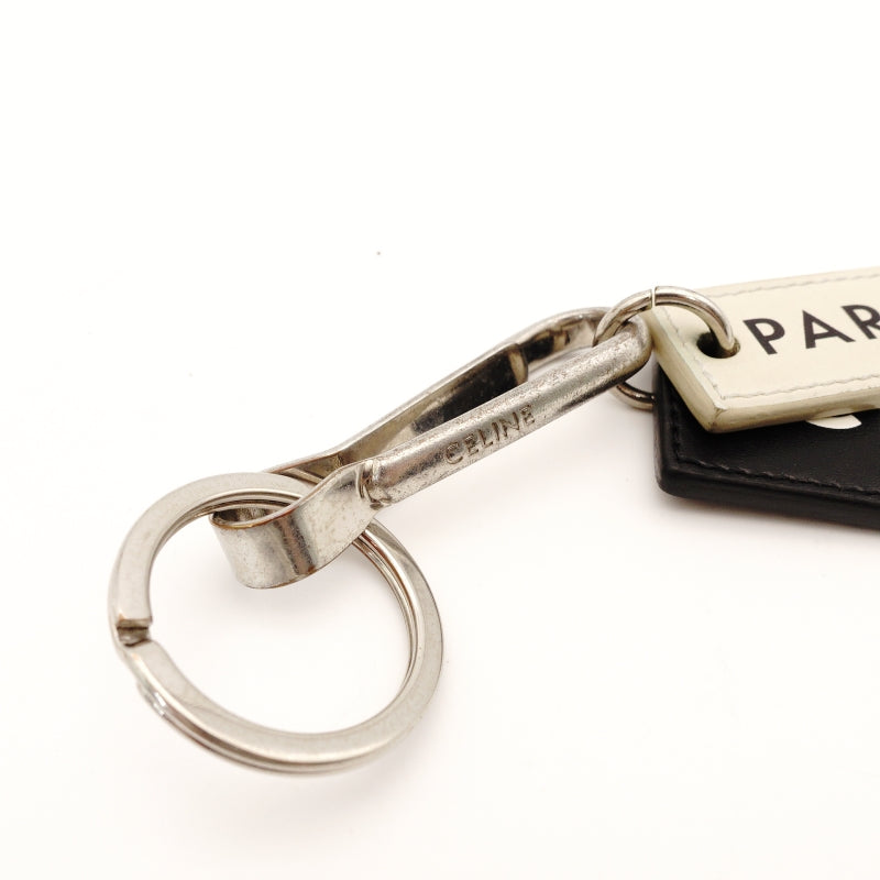 Céline Logo Key Holder Leather Black White Silver Hardware Key Charm 7-5-756