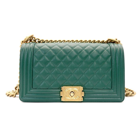CHANEL Boy Chanel Caviarskin Green Shoulder Bag with Gold Hardware and Chain 7-5-791