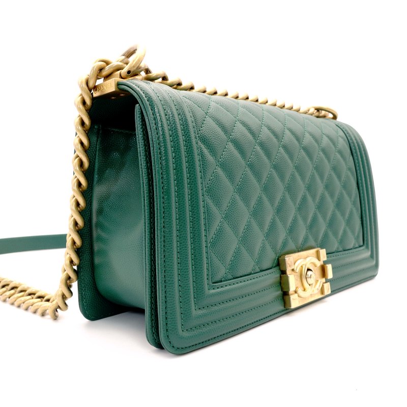 CHANEL Boy Chanel Caviarskin Green Shoulder Bag with Gold Hardware and Chain 7-5-791
