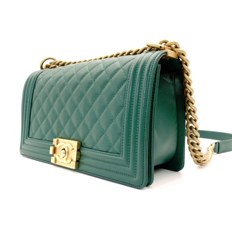 CHANEL Boy Chanel Caviarskin Green Shoulder Bag with Gold Hardware and Chain 7-5-791