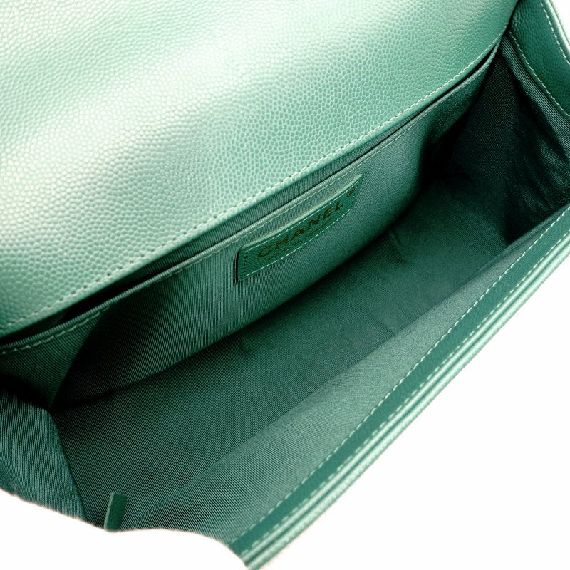 CHANEL Boy Chanel Caviarskin Green Shoulder Bag with Gold Hardware and Chain 7-5-791