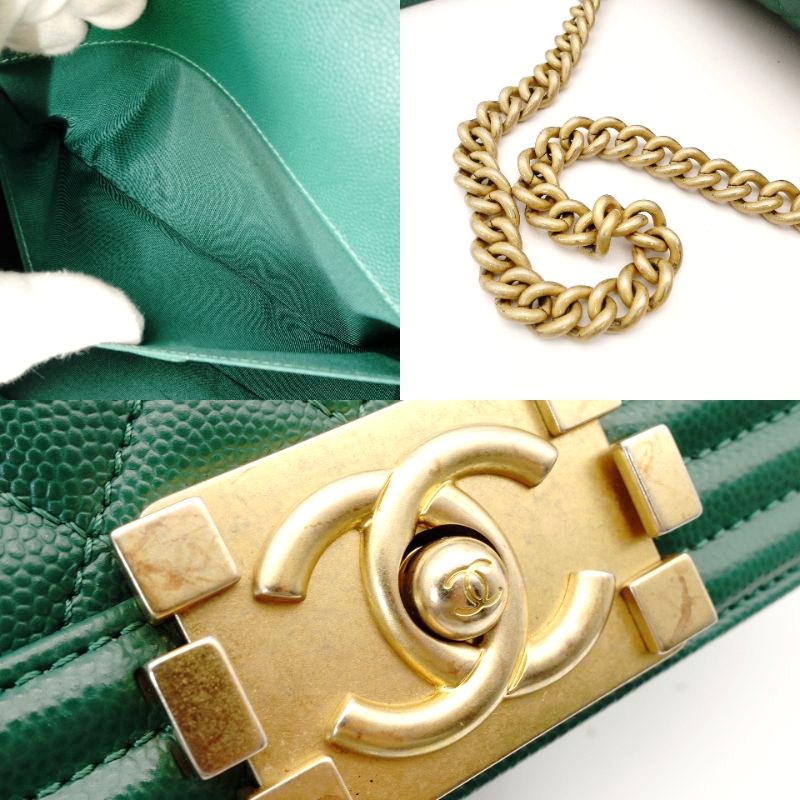 CHANEL Boy Chanel Caviarskin Green Shoulder Bag with Gold Hardware and Chain 7-5-791