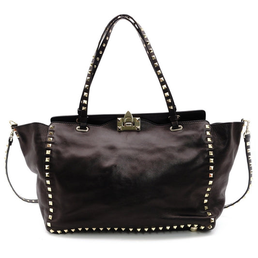 Valentino Garavani Rock Stud 2-Way Handbag Black Leather Black 7-7-1023