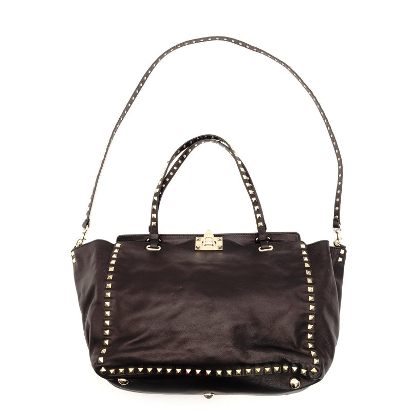 Valentino Garavani Rock Stud 2-Way Handbag Black Leather Black 7-7-1023