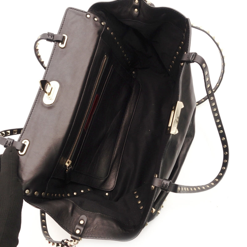 Valentino Garavani Rock Stud 2-Way Handbag Black Leather Black 7-7-1023