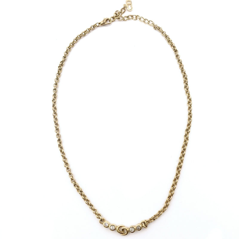 Christian Dior Necklace Gold CD Logo Rhinestones With Box 7-7-1034