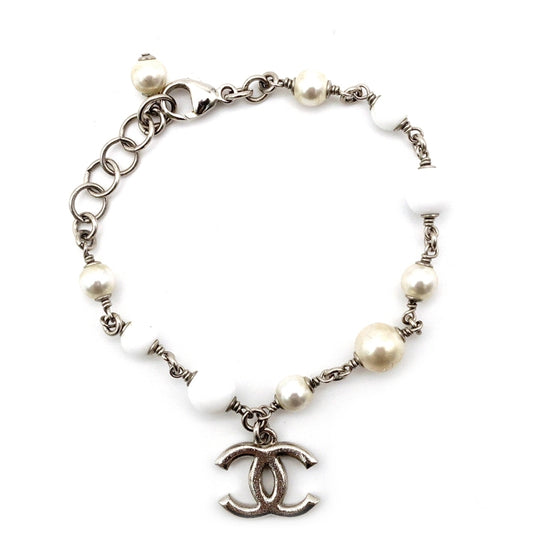 CHANEL Bracelet Silver × White CC Logo Faux Pearl 7-7-1100