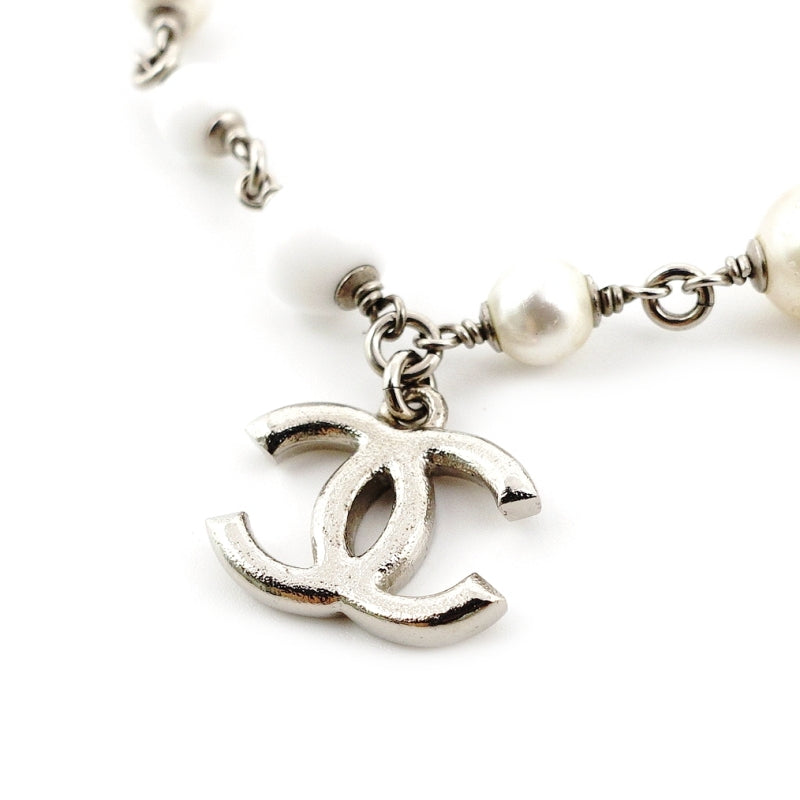 CHANEL Bracelet Silver × White CC Logo Faux Pearl 7-7-1100