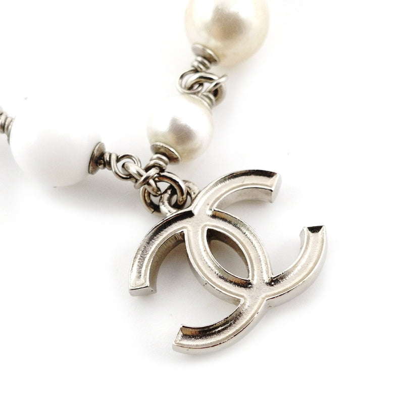 CHANEL Bracelet Silver × White CC Logo Faux Pearl 7-7-1100