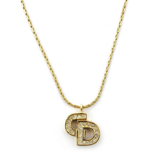 Christian Dior Necklace Gold CD Logo Rhinestone 7-7-1104