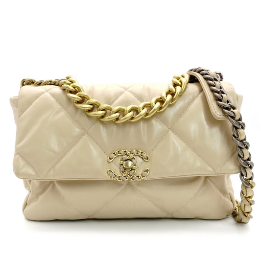 CHANEL 19 Large Shoulder Bag Lambskin Beige 28 Series Chain Shoulder 7-7-1111