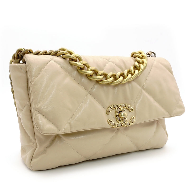 CHANEL 19 Large Shoulder Bag Lambskin Beige 28 Series Chain Shoulder 7-7-1111