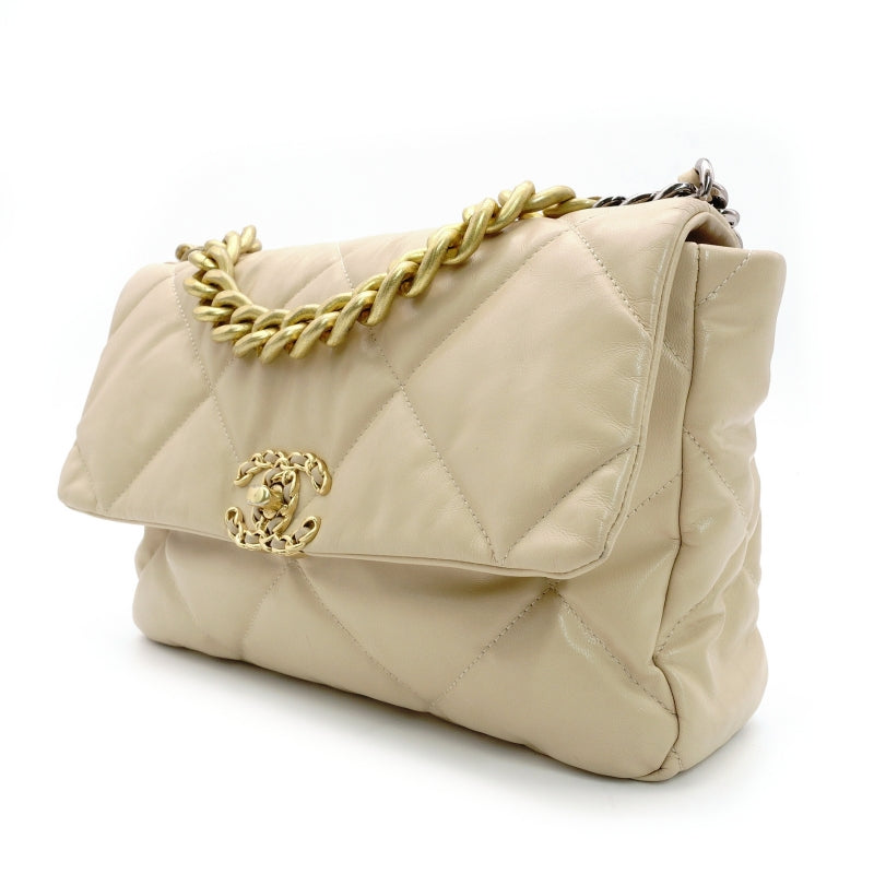 CHANEL 19 Large Shoulder Bag Lambskin Beige 28 Series Chain Shoulder 7-7-1111