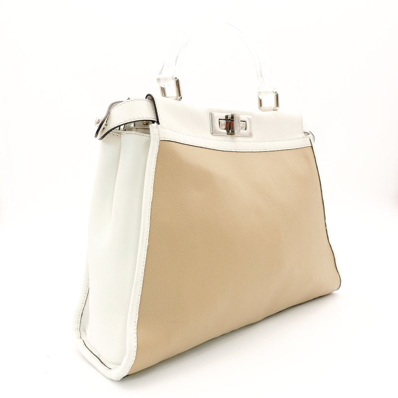 FENDI Peekaboo Handbag Beige × White Leather 2-Way Shoulder 7-7-307