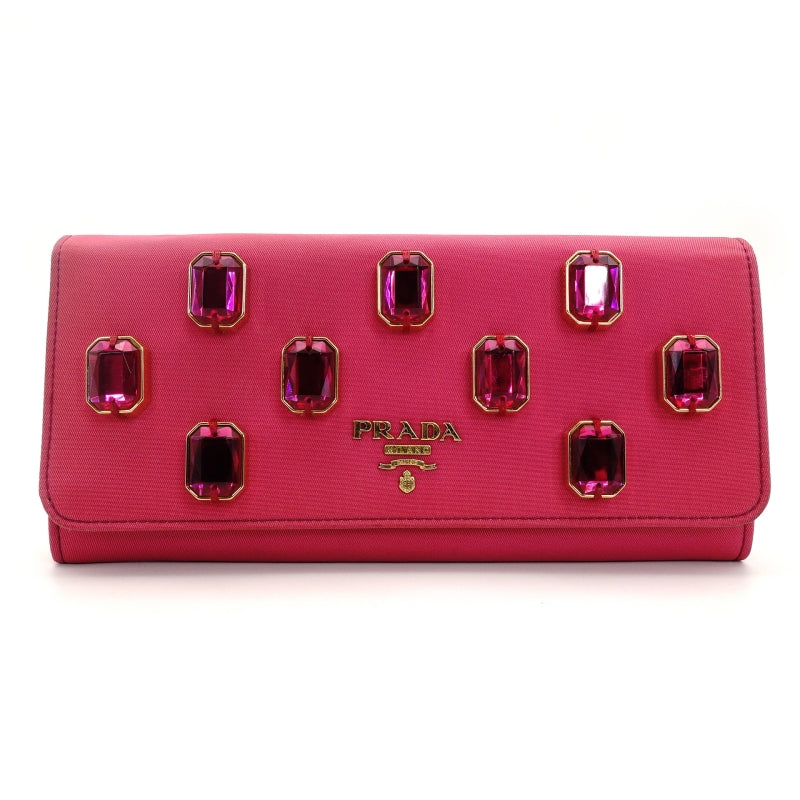 PRADA Long Wallet Nylon Pink Rhinestone Women's Wallet with Box 7-7-507