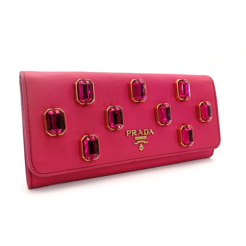 PRADA Long Wallet Nylon Pink Rhinestone Women's Wallet with Box 7-7-507