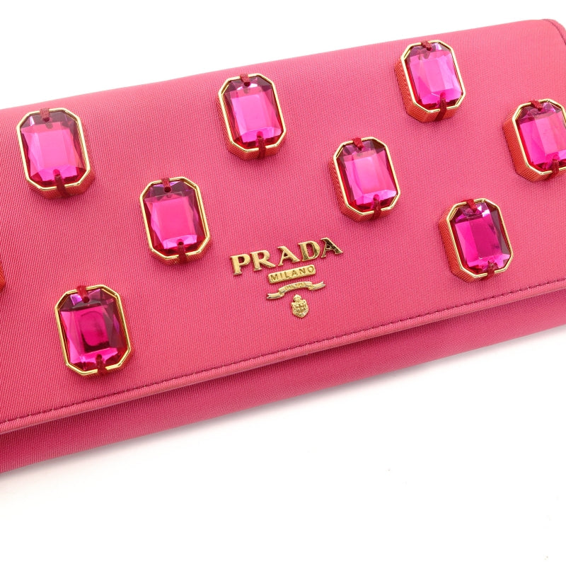 PRADA Long Wallet Nylon Pink Rhinestone Women's Wallet with Box 7-7-507