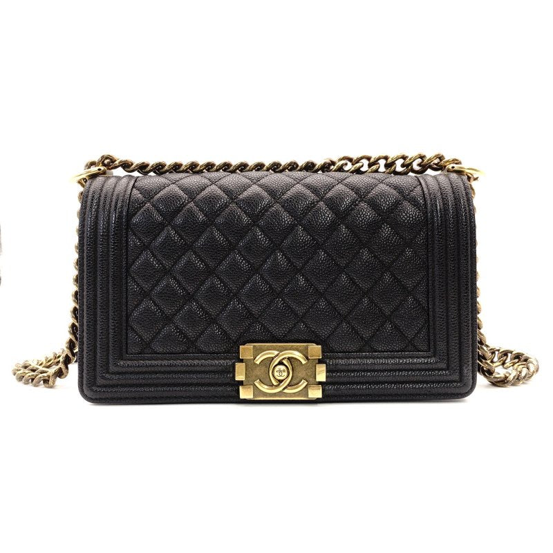 CHANEL Boy Chanel Leather Black Shoulder Bag with Gold Hardware and Chain Strap 7-7-650