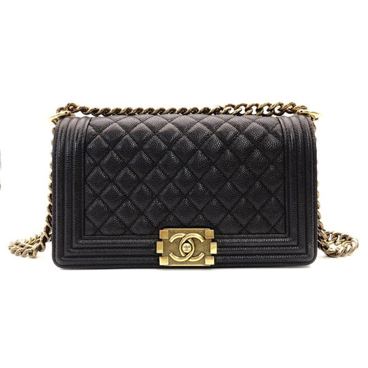 CHANEL Boy Chanel Leather Black Shoulder Bag with Gold Hardware and Chain Strap 7-7-650