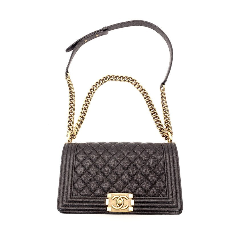 CHANEL Boy Chanel Leather Black Shoulder Bag with Gold Hardware and Chain Strap 7-7-650
