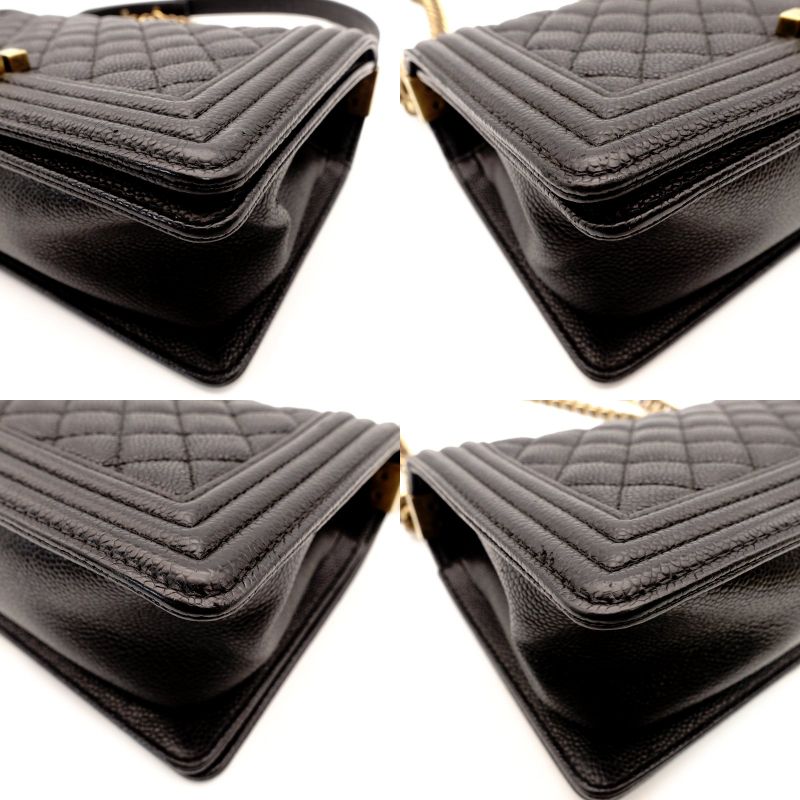 CHANEL Boy Chanel Leather Black Shoulder Bag with Gold Hardware and Chain Strap 7-7-650