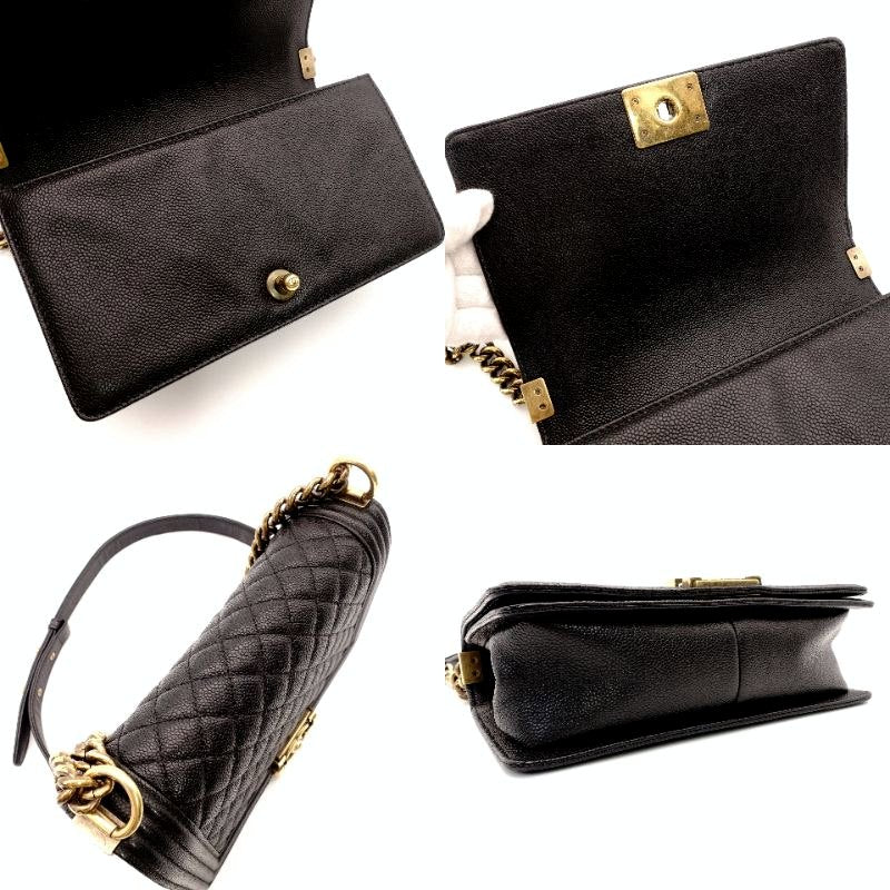 CHANEL Boy Chanel Leather Black Shoulder Bag with Gold Hardware and Chain Strap 7-7-650