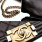 CHANEL Boy Chanel Leather Black Shoulder Bag with Gold Hardware and Chain Strap 7-7-650
