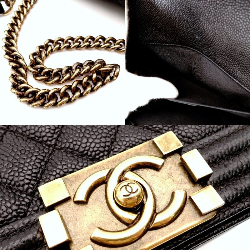 CHANEL Boy Chanel Leather Black Shoulder Bag with Gold Hardware and Chain Strap 7-7-650
