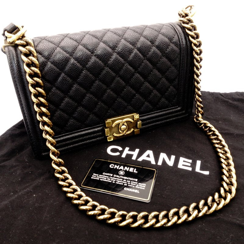 CHANEL Boy Chanel Leather Black Shoulder Bag with Gold Hardware and Chain Strap 7-7-650