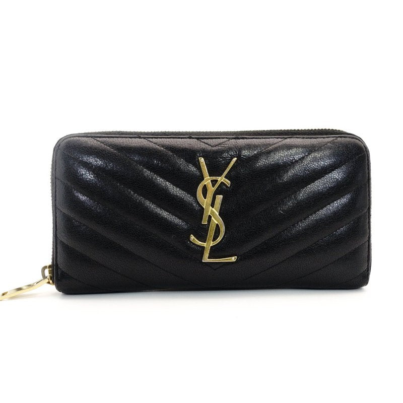 Saint Laurent Long Wallet Black YSL Logo Black Leather Zipper Gold Hardware 7-7-753