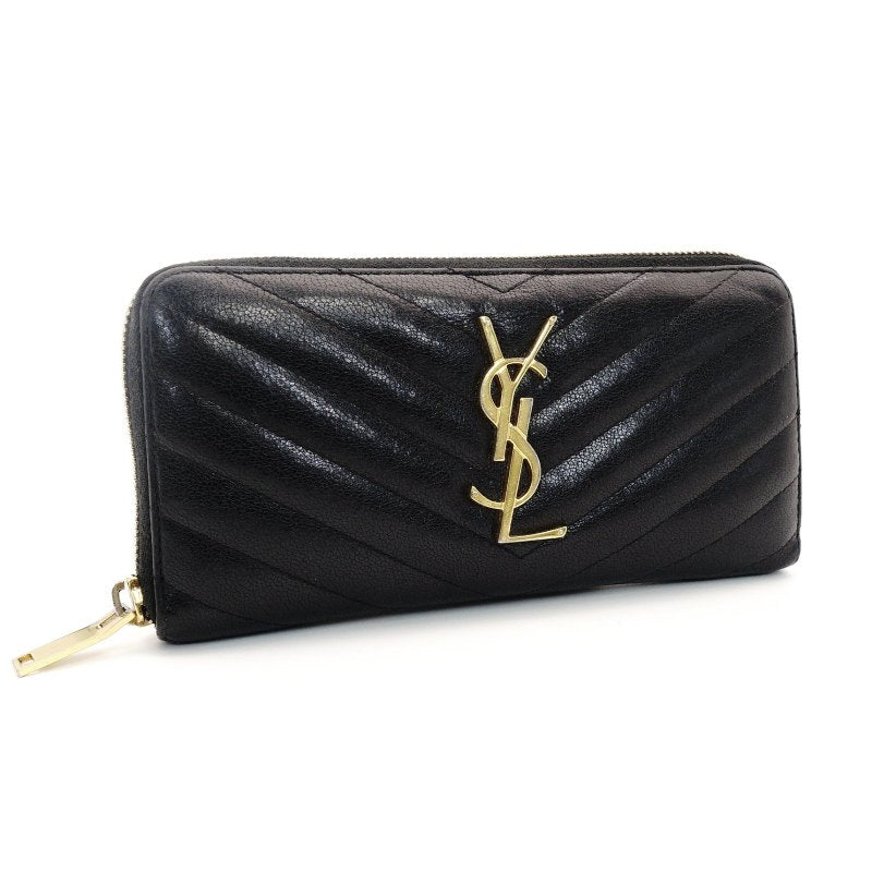 Saint Laurent Long Wallet Black YSL Logo Black Leather Zipper Gold Hardware 7-7-753