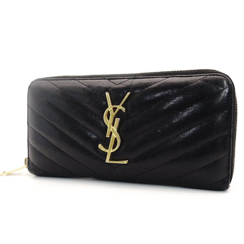 Saint Laurent Long Wallet Black YSL Logo Black Leather Zipper Gold Hardware 7-7-753