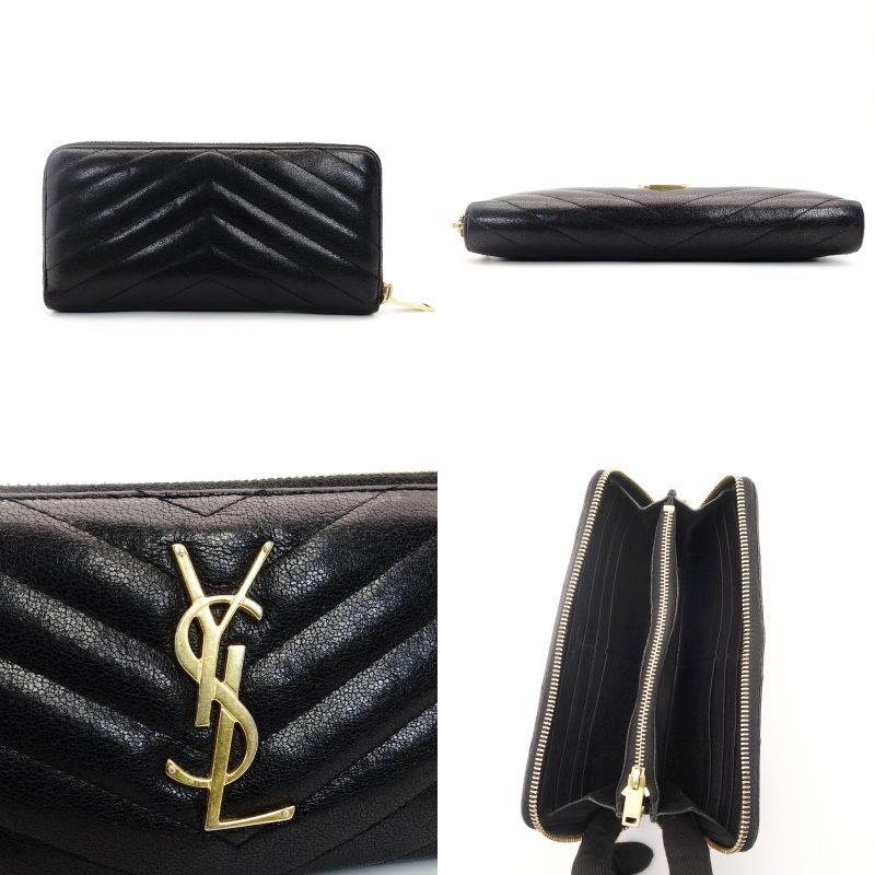 Saint Laurent Long Wallet Black YSL Logo Black Leather Zipper Gold Hardware 7-7-753