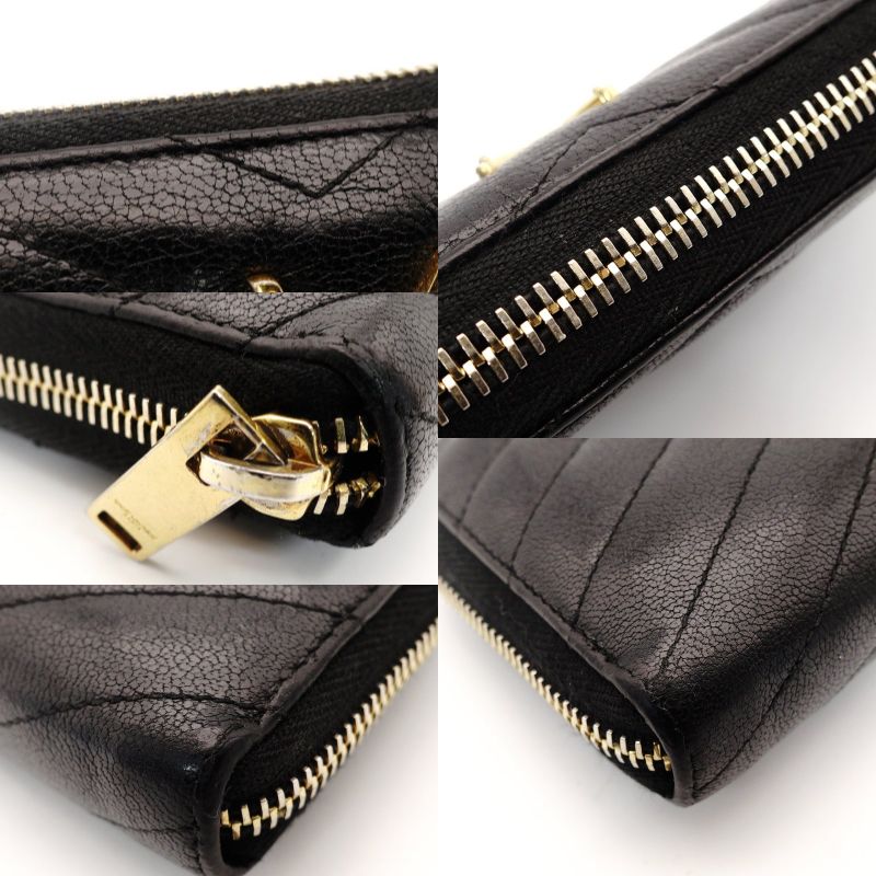 Saint Laurent Long Wallet Black YSL Logo Black Leather Zipper Gold Hardware 7-7-753