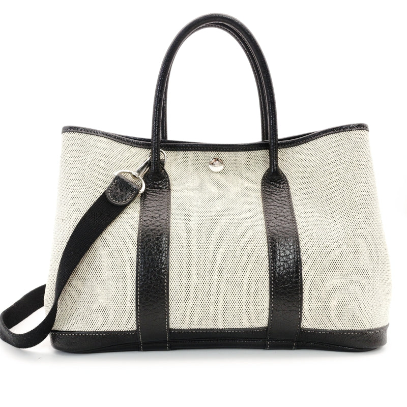 HERMES Garden Party TPM Canvas Leather Twill Ash Beige × Black □I Stamped Handbag 7-7-826