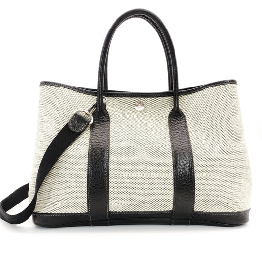 HERMES Garden Party TPM Canvas Leather Twill Ash Beige × Black □I Stamped Handbag 7-7-826