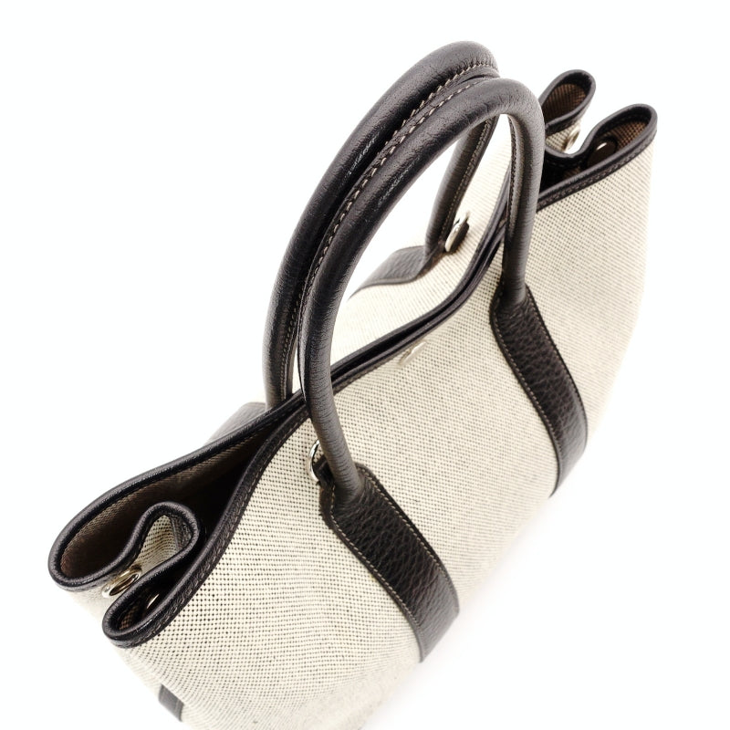 HERMES Garden Party TPM Canvas Leather Twill Ash Beige × Black □I Stamped Handbag 7-7-826