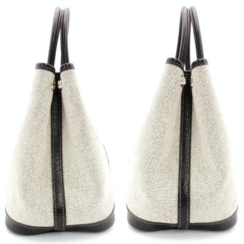 HERMES Garden Party TPM Canvas Leather Twill Ash Beige × Black □I Stamped Handbag 7-7-826