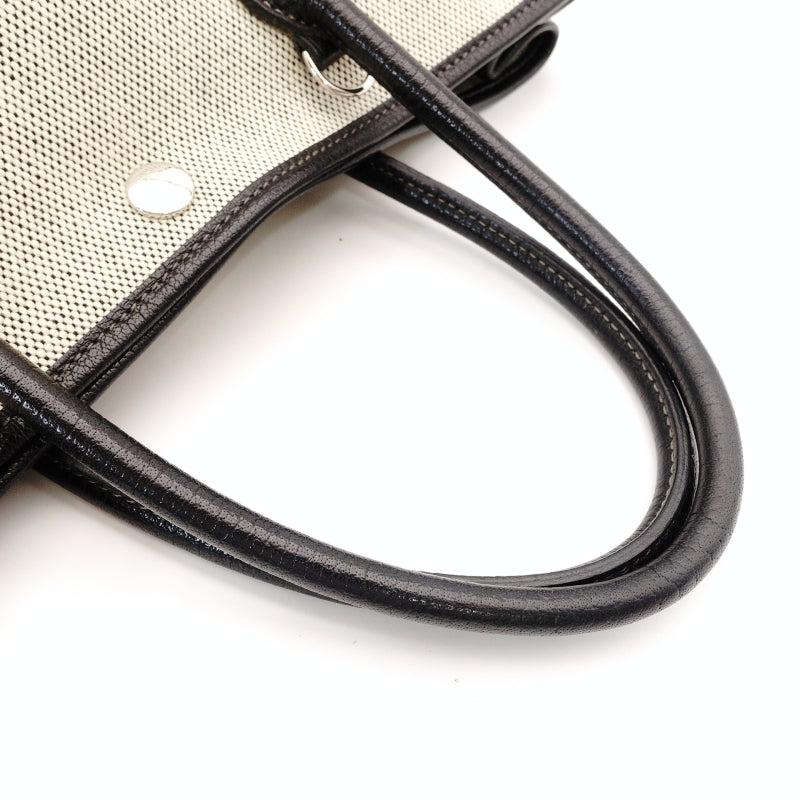 HERMES Garden Party TPM Canvas Leather Twill Ash Beige × Black □I Stamped Handbag 7-7-826