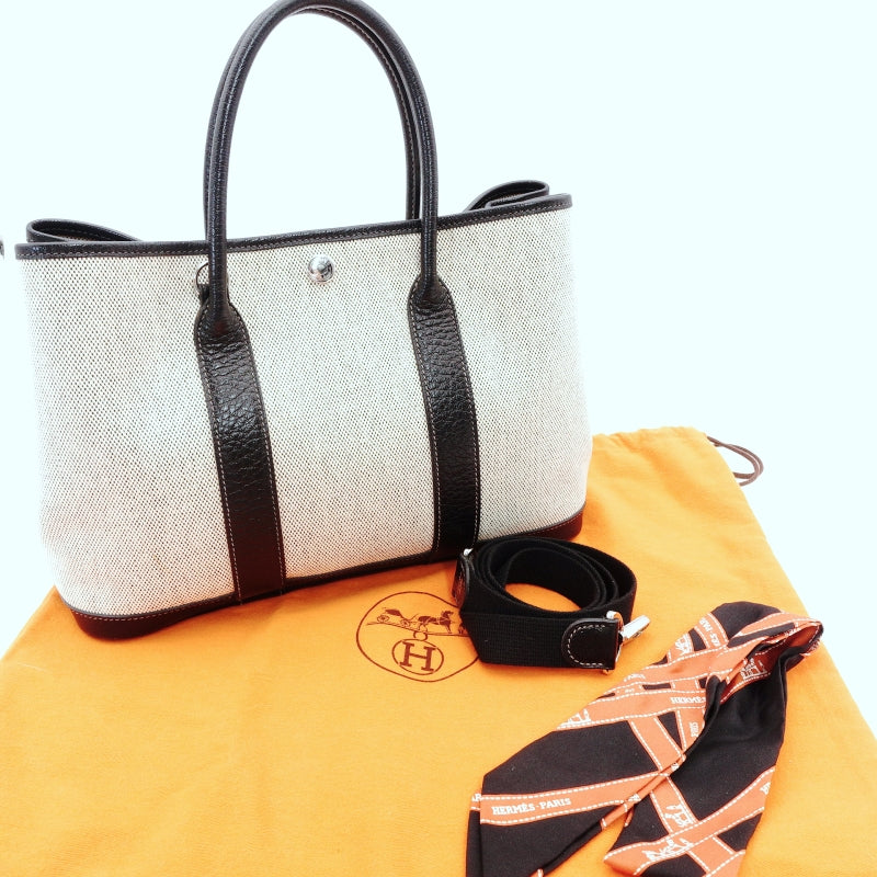 HERMES Garden Party TPM Canvas Leather Twill Ash Beige × Black □I Stamped Handbag 7-7-826