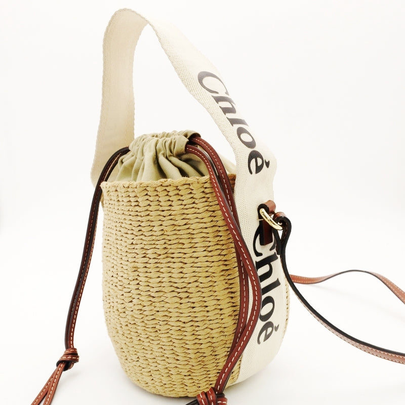 CHOLE Woody Small Baguette Bag Drawstring Shoulder Bag Raffia Straw Material Beige Logo 7-8-262