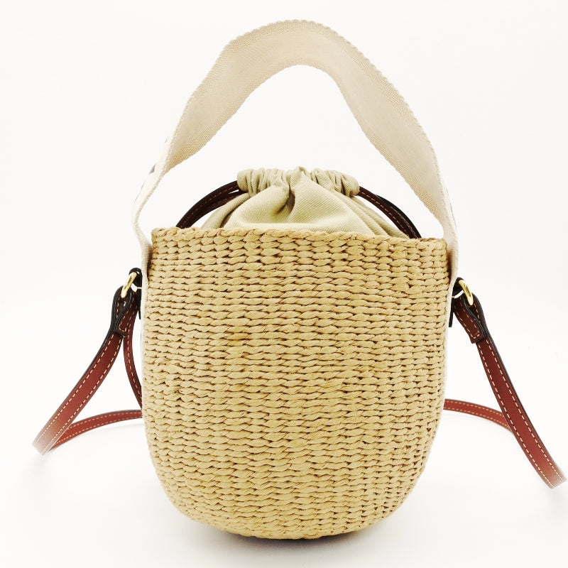 CHOLE Woody Small Baguette Bag Drawstring Shoulder Bag Raffia Straw Material Beige Logo 7-8-262