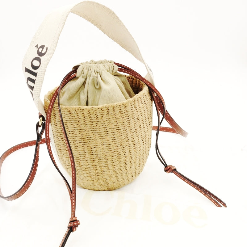 CHOLE Woody Small Baguette Bag Drawstring Shoulder Bag Raffia Straw Material Beige Logo 7-8-262
