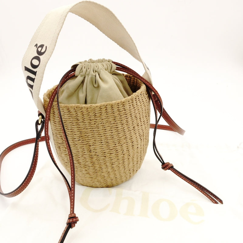 CHOLE Woody Small Baguette Bag Drawstring Shoulder Bag Raffia Straw Material Beige Logo 7-8-262