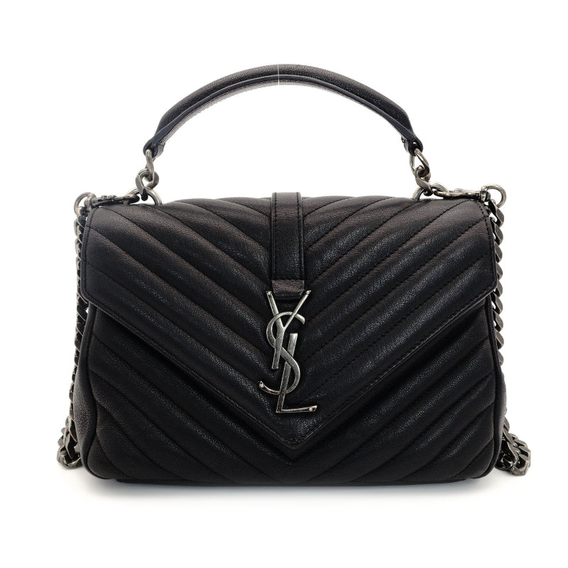 Saint Laurent YSL College Chain Shoulder Bag Black Leather Logo 2-Way Silver Hardware 7-8-375