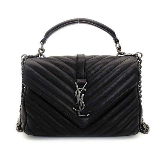 Saint Laurent YSL College Chain Shoulder Bag Black Leather Logo 2-Way Silver Hardware 7-8-375