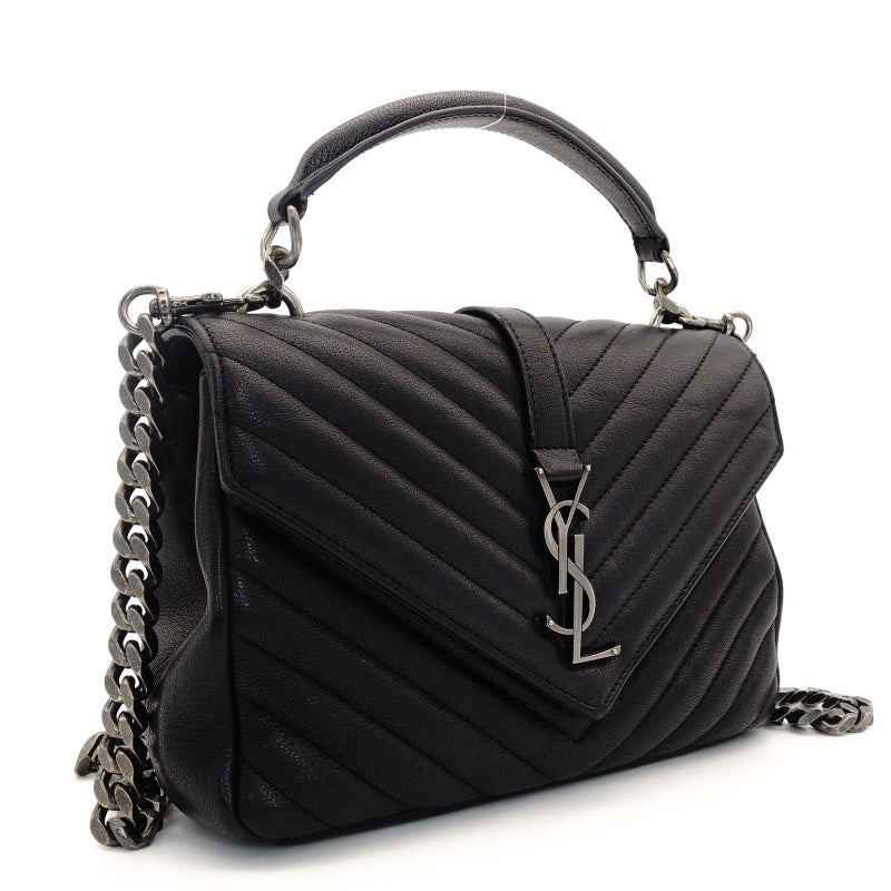 Saint Laurent YSL College Chain Shoulder Bag Black Leather Logo 2-Way Silver Hardware 7-8-375