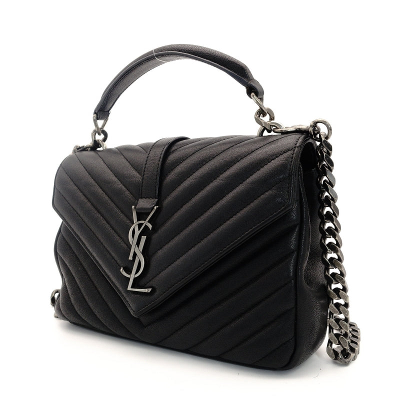 Saint Laurent YSL College Chain Shoulder Bag Black Leather Logo 2-Way Silver Hardware 7-8-375