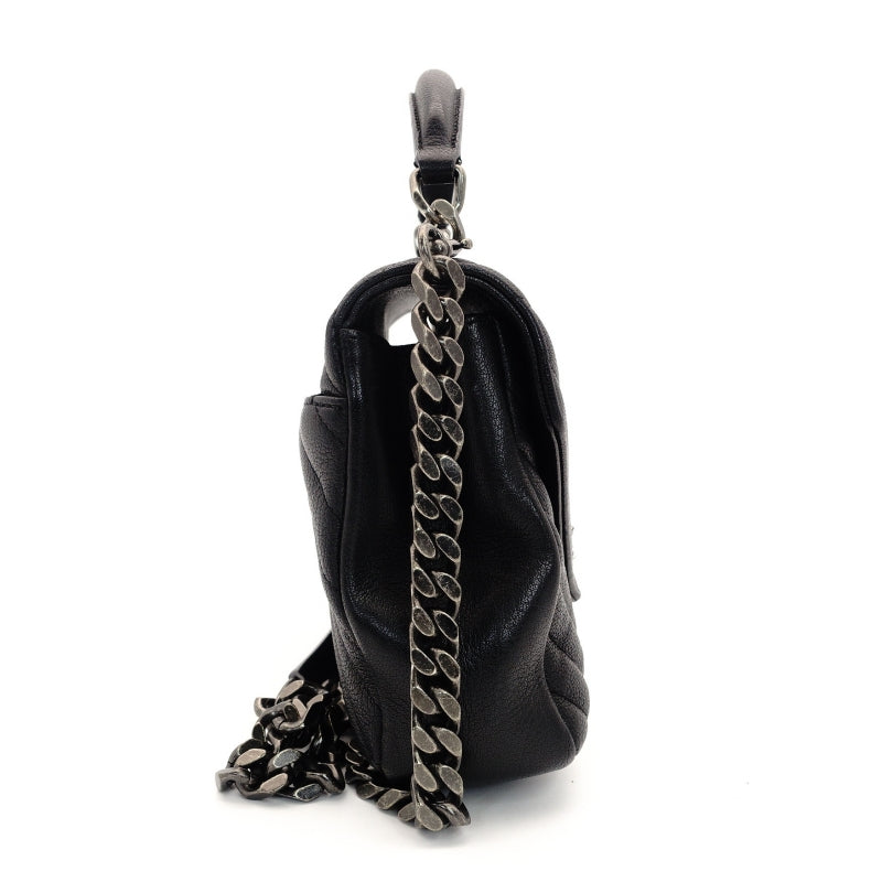 Saint Laurent YSL College Chain Shoulder Bag Black Leather Logo 2-Way Silver Hardware 7-8-375
